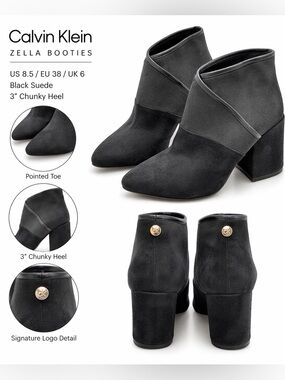 Calvin Klein Zella Black Suede Ankle Booties Size 8.5 Chunky Heel